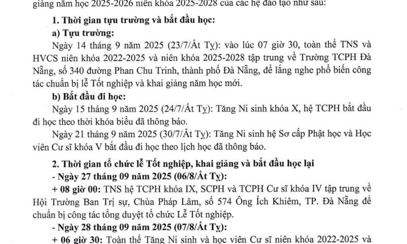 THÔNG BÁO  V/v thời gian tựu trường, lịch học, lễ Tốt nghiệp & khai giảng năm học 2025-2026